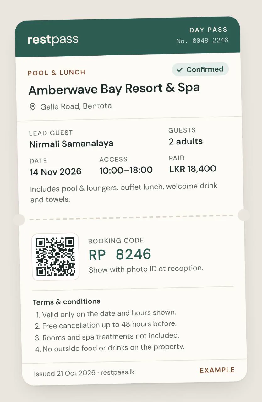 Example restpass pool and lunch day pass for Amberwave Bay Resort and Spa